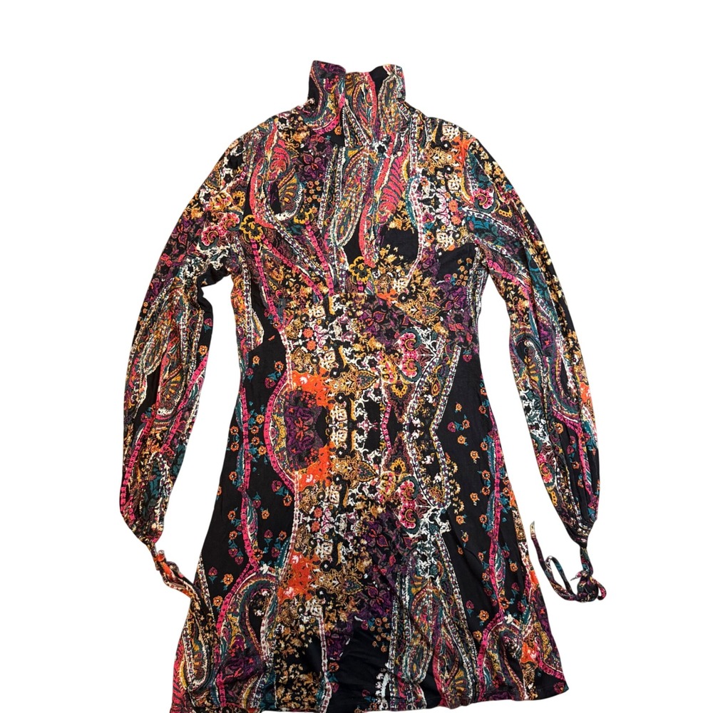 Free people Boho Paisley High Neck Open Back Dress‎ Long Sleeve Multi Color Sm
